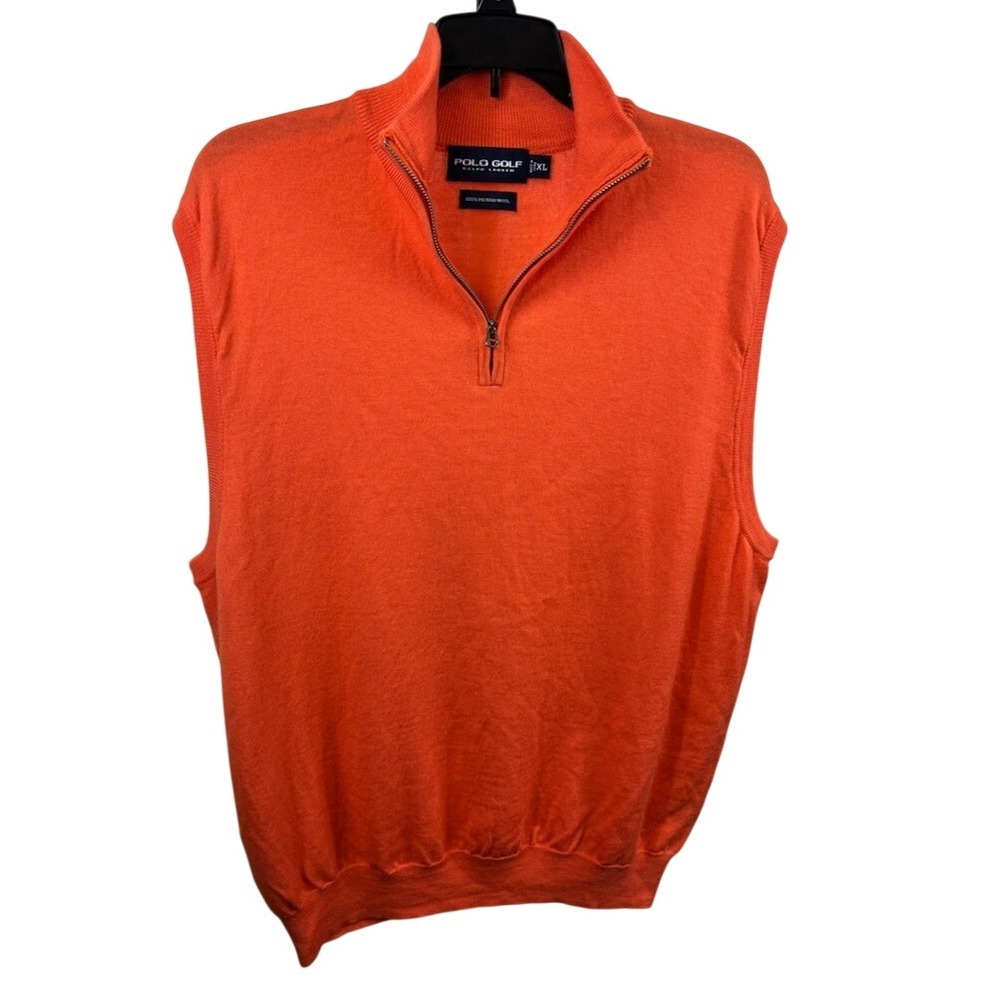 Polo Golf Ralph Lauren Vest Men's Size XL Orange Merino Wool 1/4 Zip Sleeveless